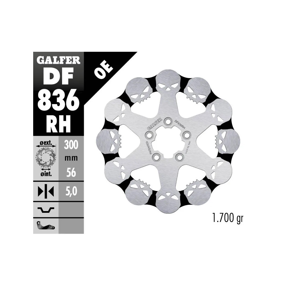 Disco de Freno Fixed Skull — 300 mm, 5.0 mm espesor, 5 agujeros, Negro, Plata