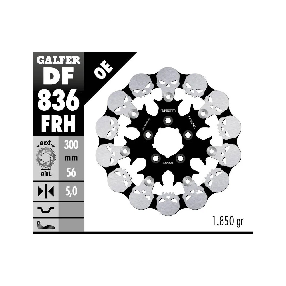 Disco de freno flotante Skull — 300 mm (11,8"), patrón 5 agujeros, 5,0 mm, negro/plata