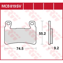 SV Series Sindered Brake Pads — 74.5 mm length, 55.2 mm width, 9.2 mm thickness