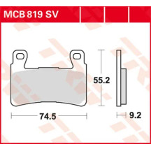 SV Series Sindered Brake Pads — 74.5 mm length, 55.2 mm width, 9.2 mm thickness