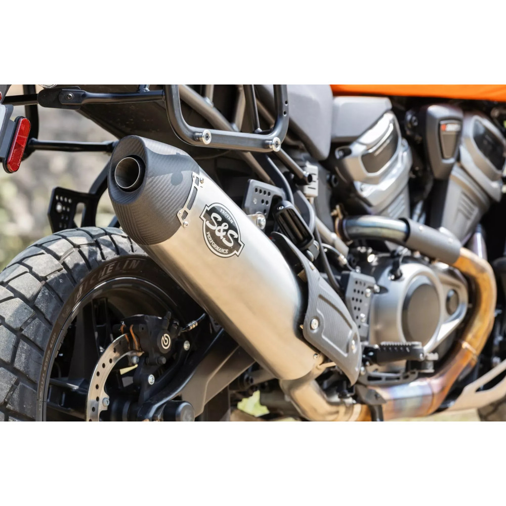 SO EC SLIP-ON MUFFLER PAN AMERICA — Right mount, Polished stainless, Carbon fiber end cap