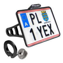 License Plate Side Mounts — 17 cm height, 21 cm width, 3/4" axle, anodized black or chrome