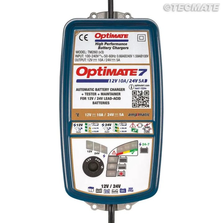 OptiMate 7 12V/24V Battery Charger — 12V 10A / 24V 5A, Blue