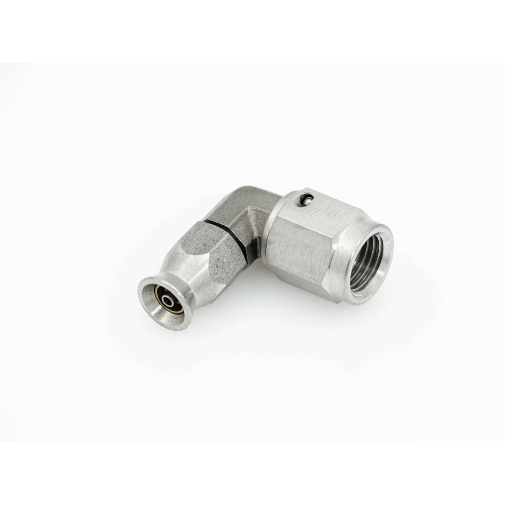 600 Series Hose Fitting — 3/8-24 SAE female, 90° bend, silver