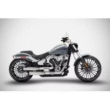 Silenciador Slip-On solapado para HD-SOFTAIL (BREAKOUT/FAT BOY) — Acero inoxidable pulido, tapas finales negras, montaje derecho