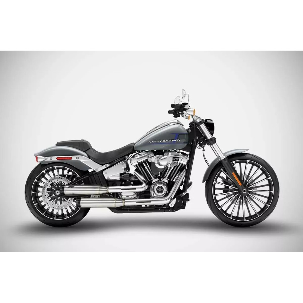 Silenciador Slip-On solapado para HD-SOFTAIL (BREAKOUT/FAT BOY) — Acero inoxidable pulido, tapas finales negras, montaje derecho