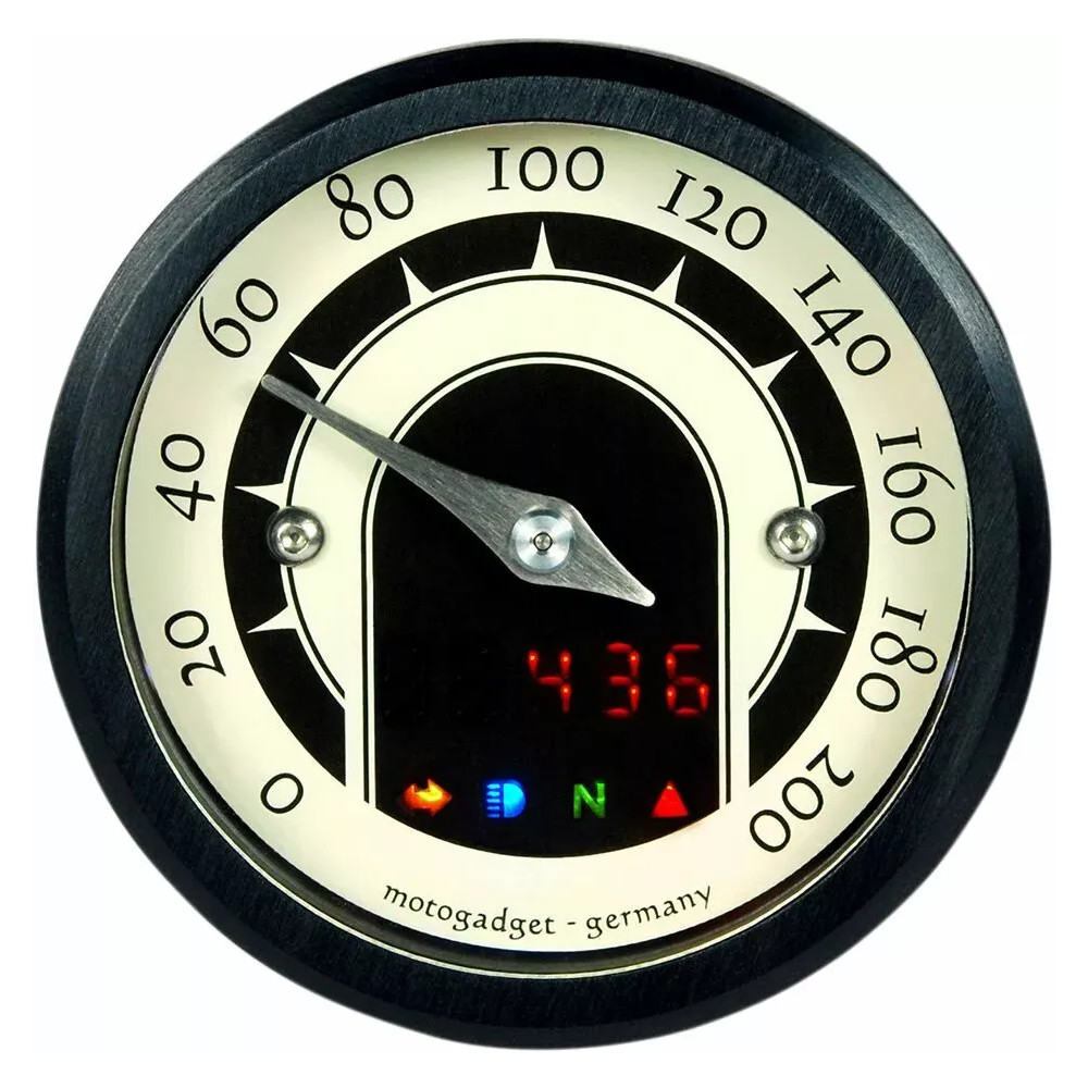 Mst Speedometers — 49 mm, anodized black, polished, brass finish
