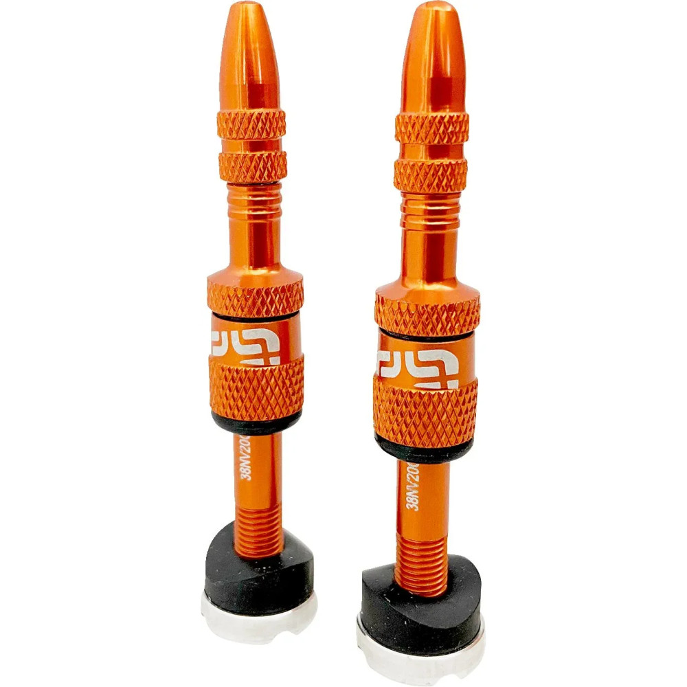 Quick Fill Presta Tubeless Valve Set — Short 16–24 mm, Long 23–31 mm, Orange
