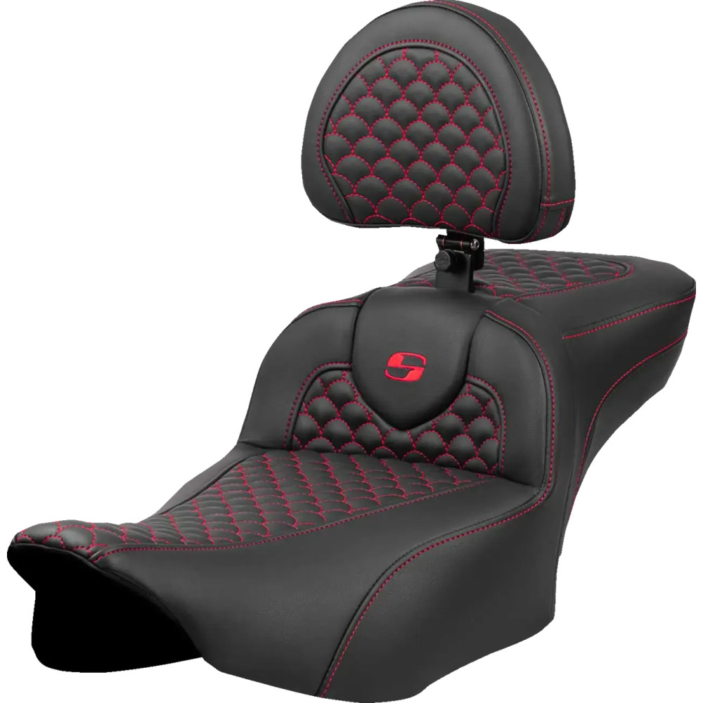 Dragon Scale Stitch Roadsofa™ Seat — 30.5 in overall, 14 in driver width, Black with red stitching