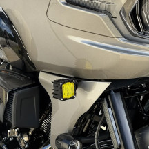 Shark Demon® LED Front Turn Signals — Harley-Davidson Road Glide fit, black housing, yellow lens