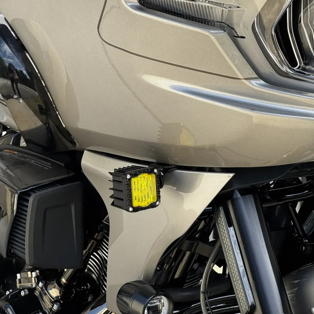 Shark Demon® LED Front Turn Signals — Harley-Davidson Road Glide fit, black housing, yellow lens