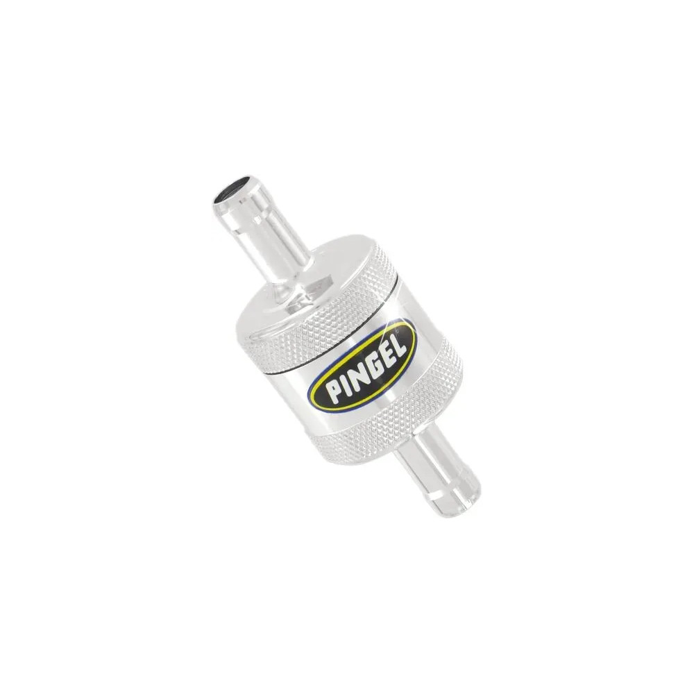 In-Line Fuel Filter — 3/8" fuel line, 40 micron, 1-3/16" body, chrome