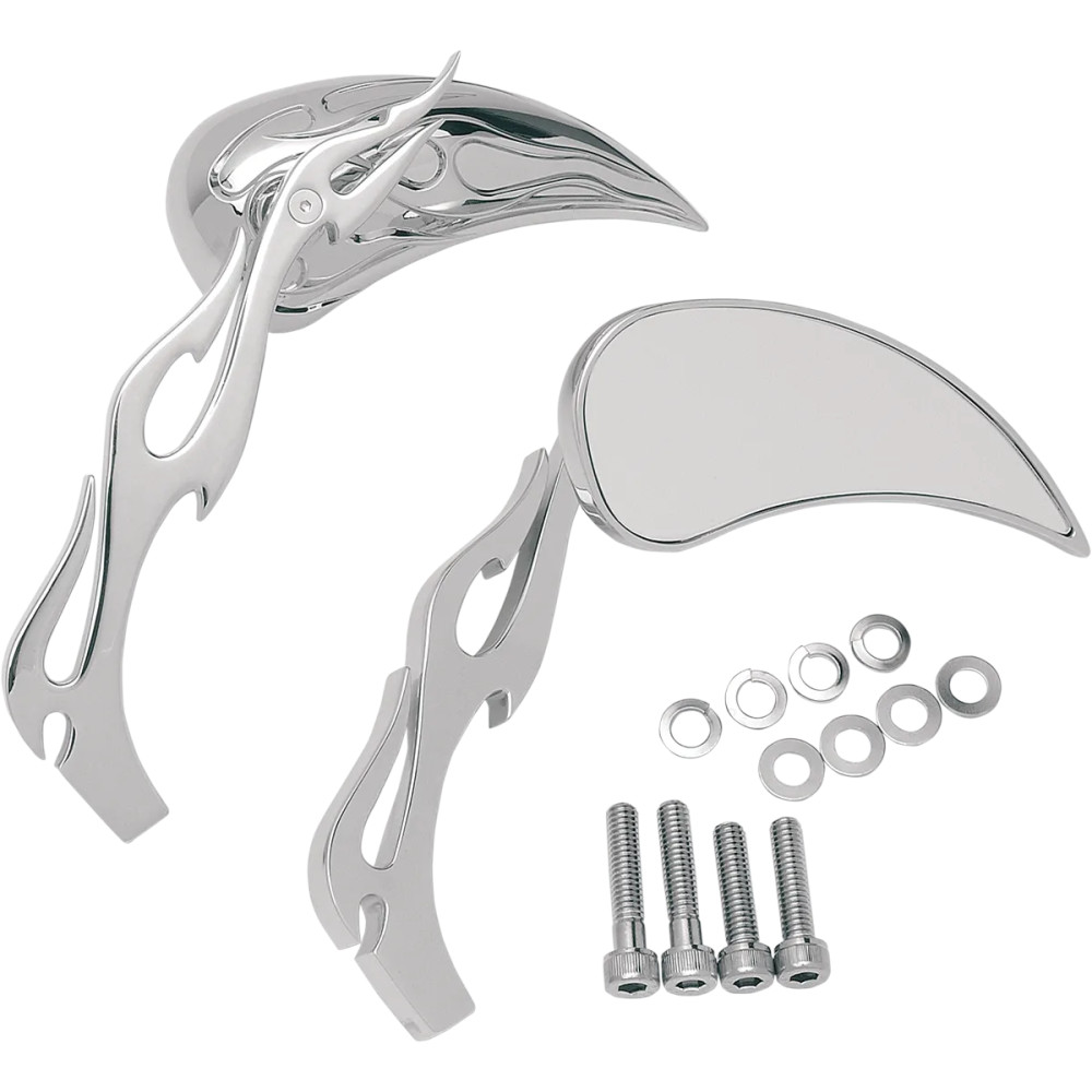 Flame Teardrop Mirrors with Sculptured Stem — Head 64 mm, Width 5-1/4", Stem 6", Screw-In, Chrome/Silver