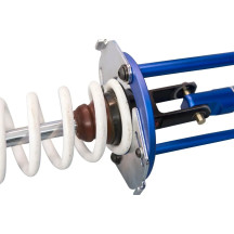 Compresor para muelles de amortiguador — rango de 56–96 mm, clevis 35 mm, ojal 17 mm, azul anodizado