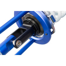 Compresor para muelles de amortiguador — rango de 56–96 mm, clevis 35 mm, ojal 17 mm, azul anodizado