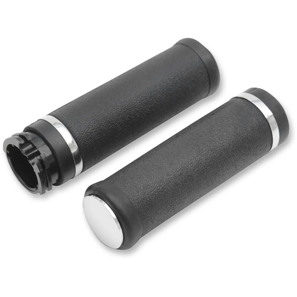 Rubber Grips with Accent Rings and End Caps — 25.4 mm (1") diameter, 12.7 cm (5") length, Black/Chrome