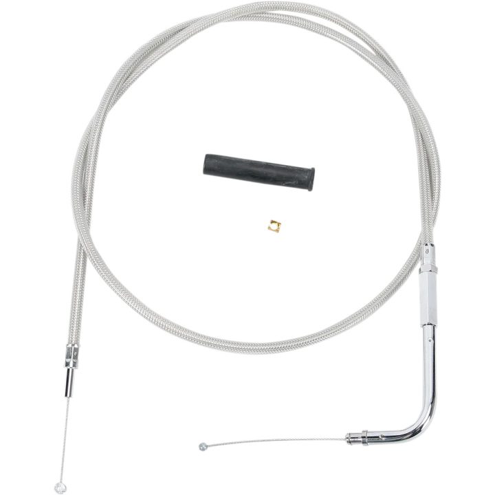 Cable de acelerador trenzado de acero inoxidable — Longitud de carcasa 120.5 cm (47-1/2"), recorrido 12.7 cm (5"), codo 90°, plateado
