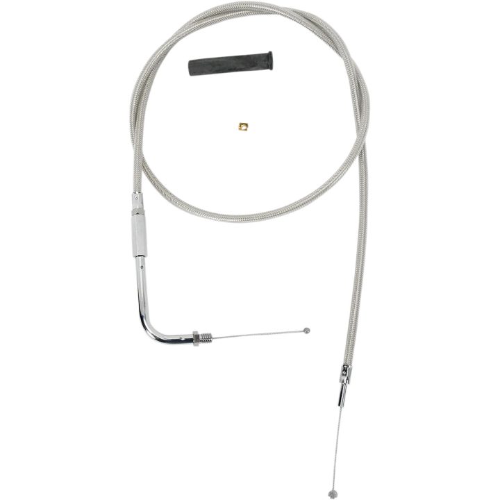 Cable trenzado de acelerador de acero inoxidable — 106,5 cm (42\") carcasa, 12,7 cm (5\") recorrido, codo 90°, rosca para manillar, plateado