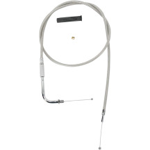 Stainless Braided Throttle Cable — 106.5 cm housing, 90° elbow, threaded handlebar fitting, 12.7 cm travel