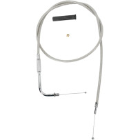 Stainless Braided Throttle Cable — 106.5 cm housing, 90° elbow, threaded handlebar fitting, 12.7 cm travel