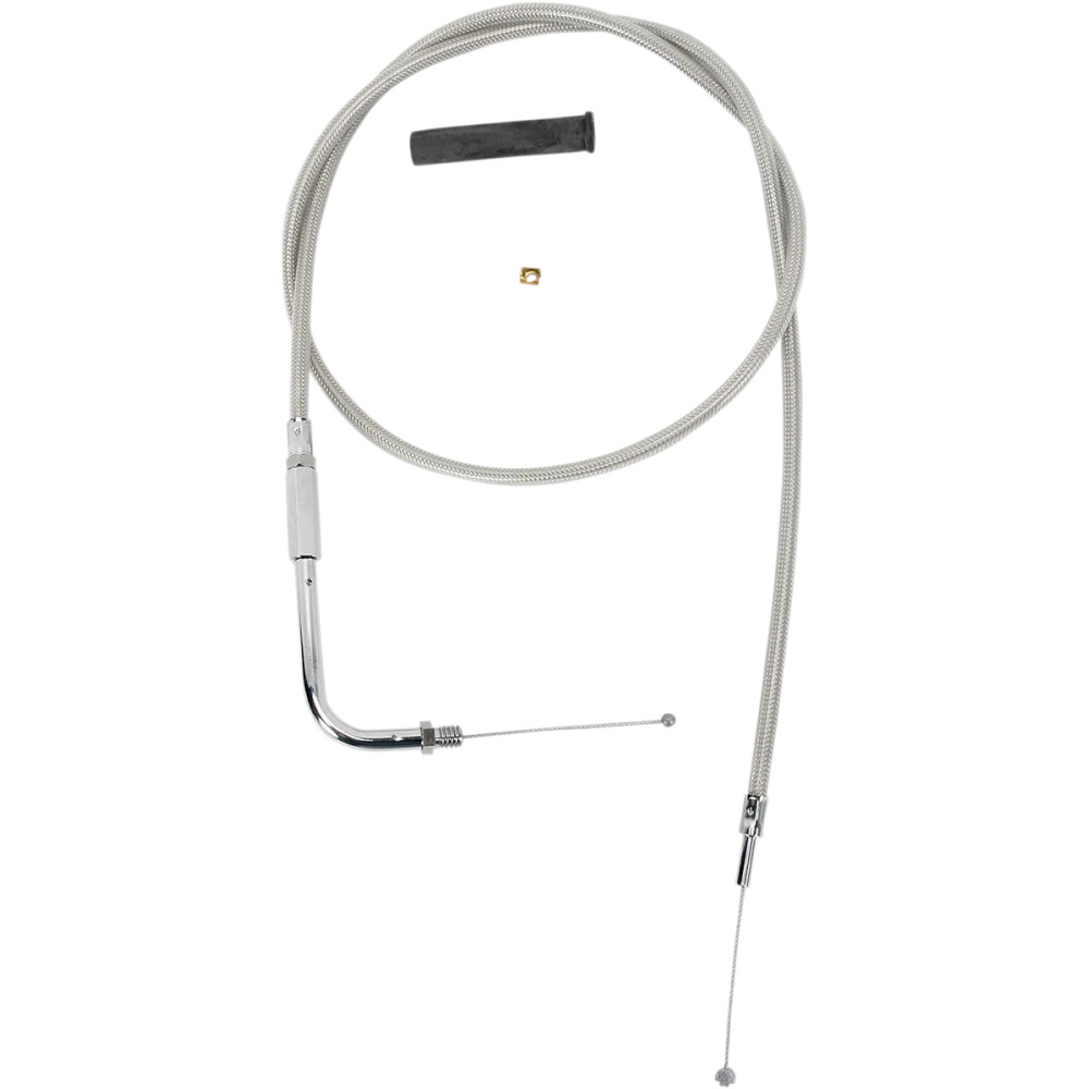 Stainless Braided Throttle Cable — 106.5 cm housing, 90° elbow, threaded handlebar fitting, 12.7 cm travel