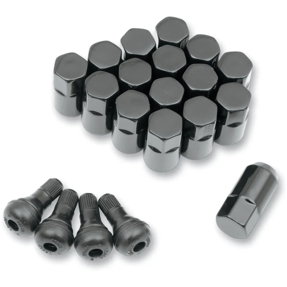 Replacement ATV/UTV Wheel Lug Nuts with Valve Stems — 10 mm x 1.25, tapered, 16 pack, black