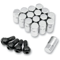 Tuercas de rueda de repuesto para ATV/UTV con vástagos de válvula — 12 mm x 1.25, cónico, 16 unidades, cromado