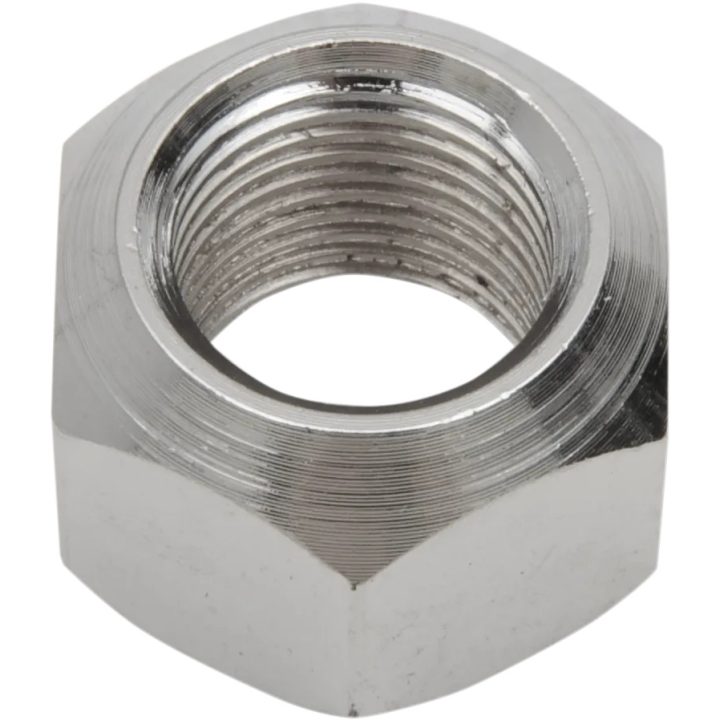 Tuerca de eje cromada — rosca 5/8-18, diámetro interior 14,6 mm, diámetro exterior 24 mm, ancho 0,63 in, acero, delantero