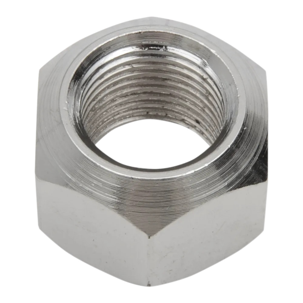 Chrome Axle Nut — 5/8-18 thread, 14.6 mm ID, 24 mm OD, 0.63 in width, steel, front