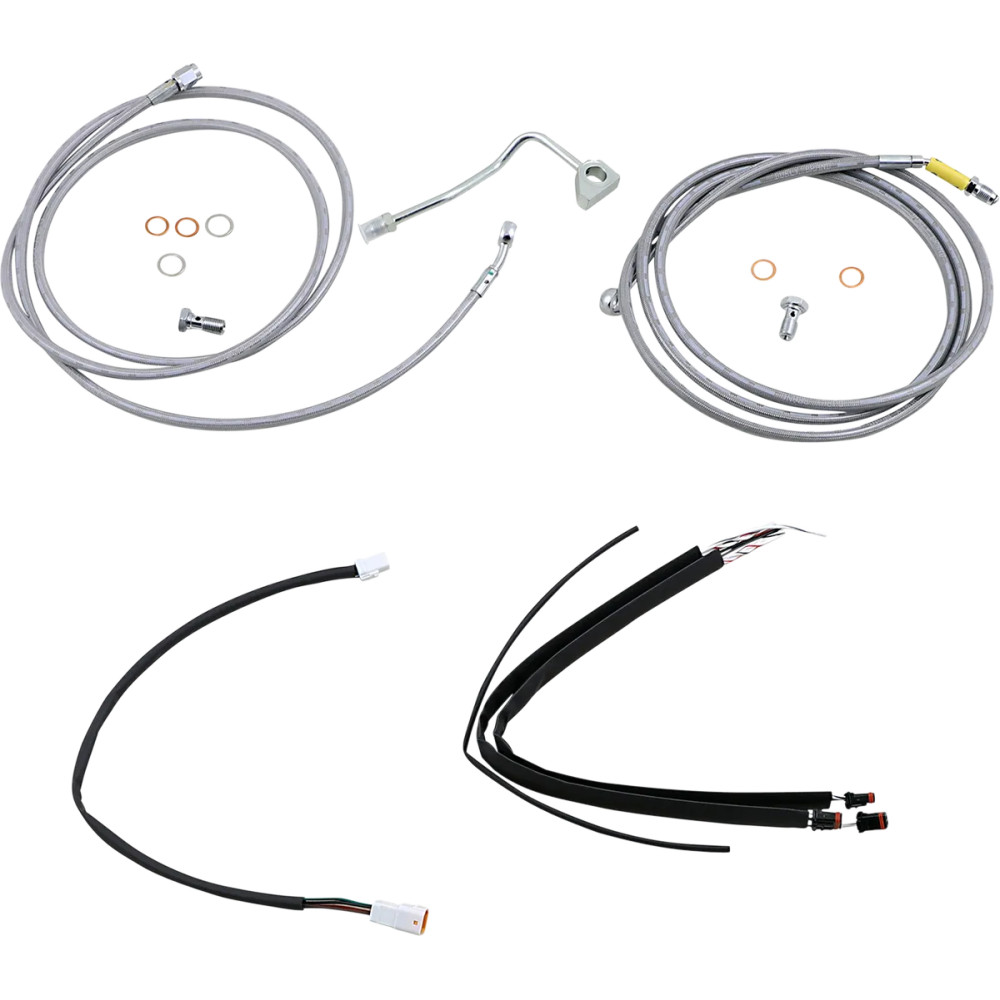 Complete Stainless Braided Handlebar Cable/Brake Line Kit — 38 cm (15") ape hanger, natural silver, ABS