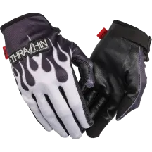 Guantes Stealth con palma de cuero y diseño de llamas — Talla S, gris/negro
