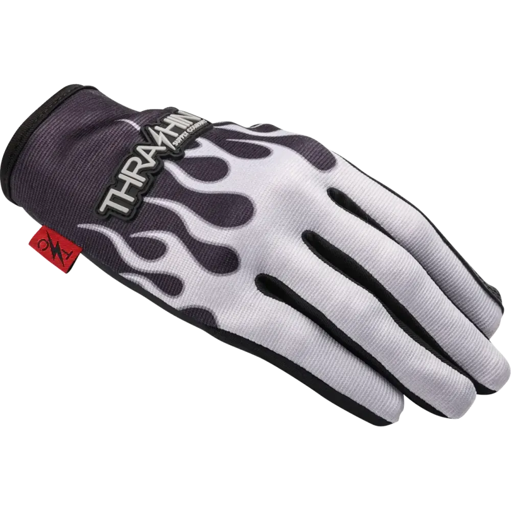 Guantes Stealth con palma de cuero y diseño de llamas — Talla S, gris/negro
