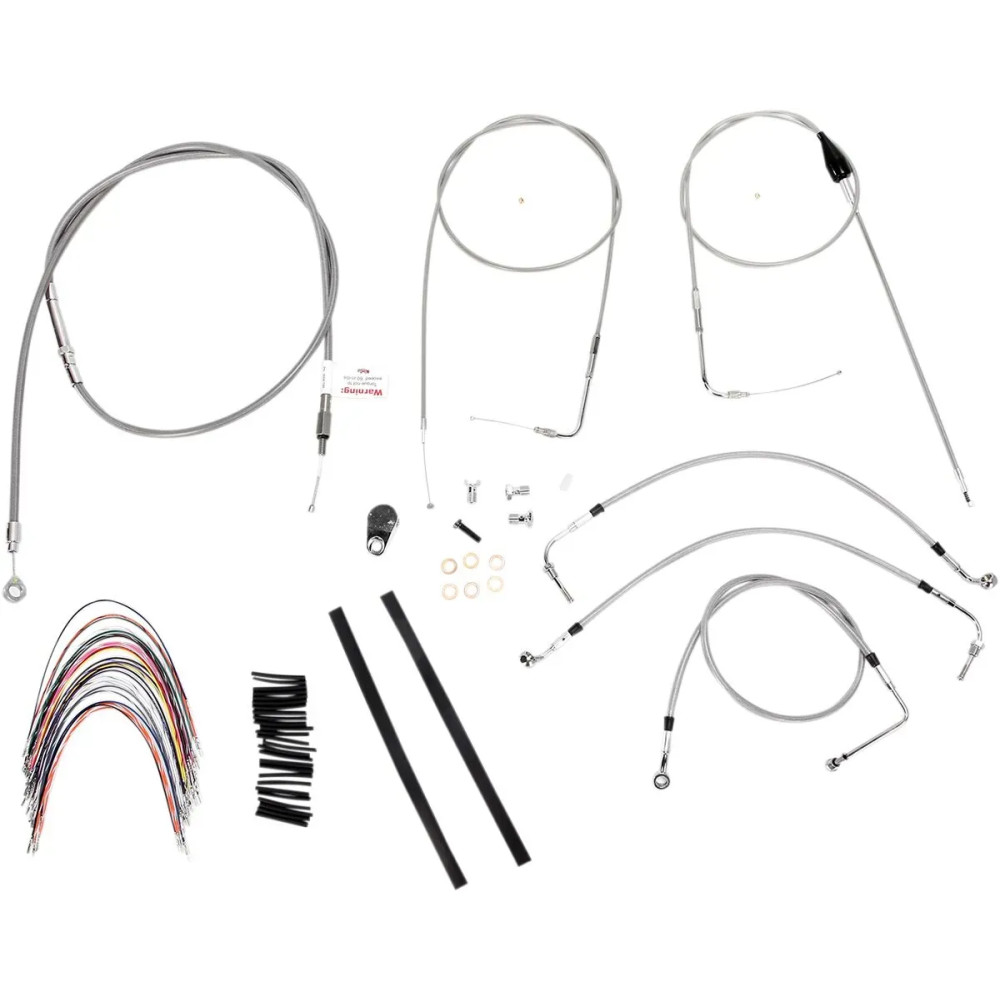 Complete Stainless Braided Handlebar Cable/Brake Line Kit — 14" risers, Ape Hanger, non-ABS, silver