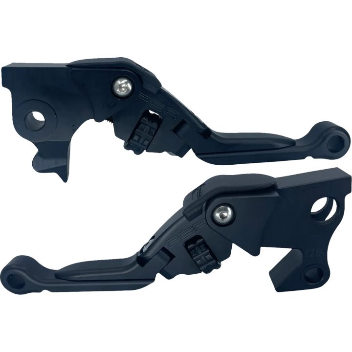Juego de palancas ajustables Anthem Pro para modelos Harley — Corto plegable, ajustable a 1.5", negro pulido