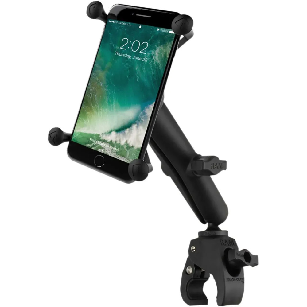 Small Tough-Claw™ Base with Long Double-Socket Arm and Universal Ram® X-Grip® Cradle — Universal, Black, Clamp mount