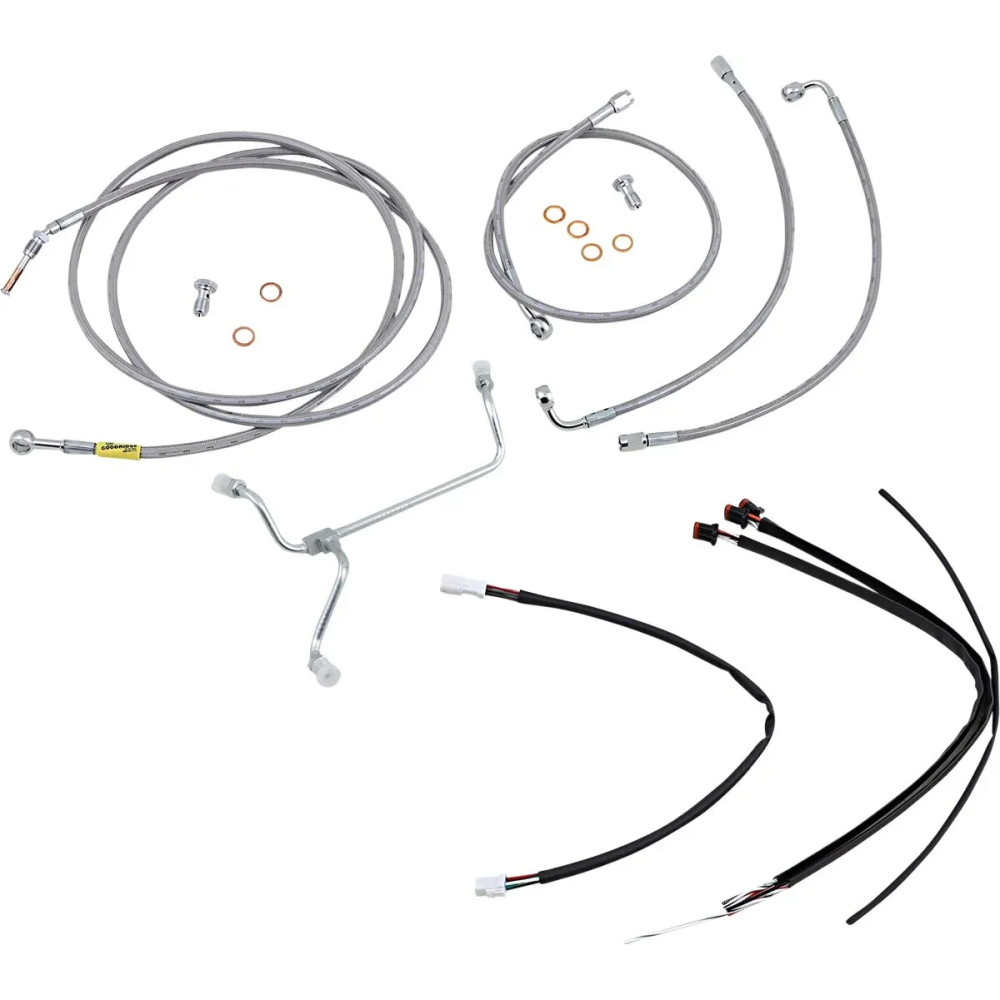 Complete Stainless Braided Handlebar Cable/Brake Line Kit — 38 cm (15") risers, Ape hanger, Natural finish