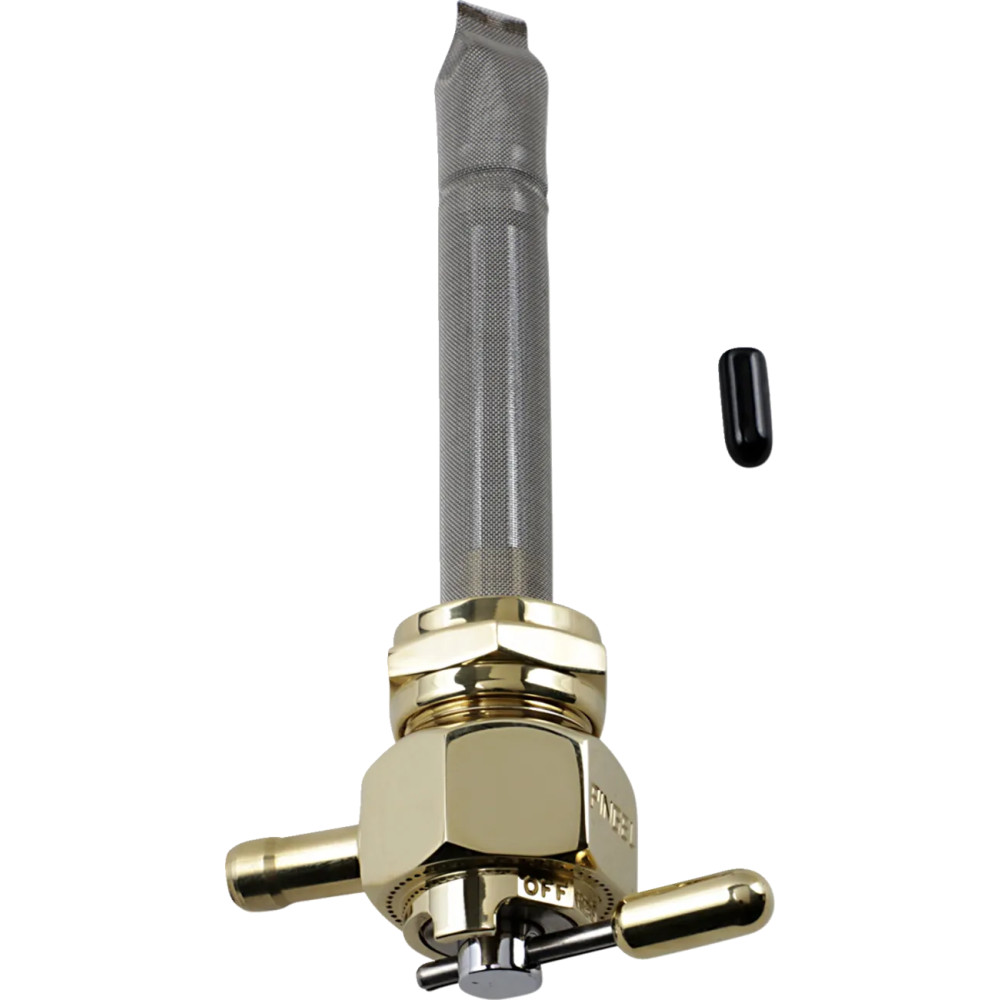 Power-Flo Válvula de combustible — salida 22 mm, racor 7,9 mm (5/16") para manguera, dorado