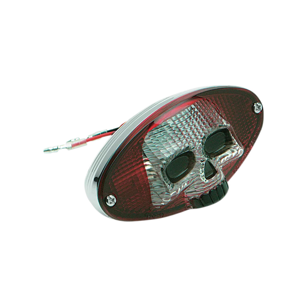 Red and Clear Skull Taillight — 63.5 mm H, 12.5 cm L, 63.5 mm W, Red/Clear lens, Chrome housing
