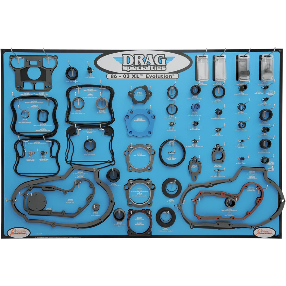 Gasket, Seal and O-Ring Display for 86-03 XL Evolution Motors — 32" H x 48" W