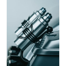 REVO ARC Billet Remote Reservoir External Mounts — Black anodized, fits '14+ FL Touring