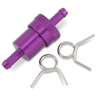 Anodized Aluminum Fuel Filter — 64 mm body, 7.9 mm (5/16") fuel line, purple