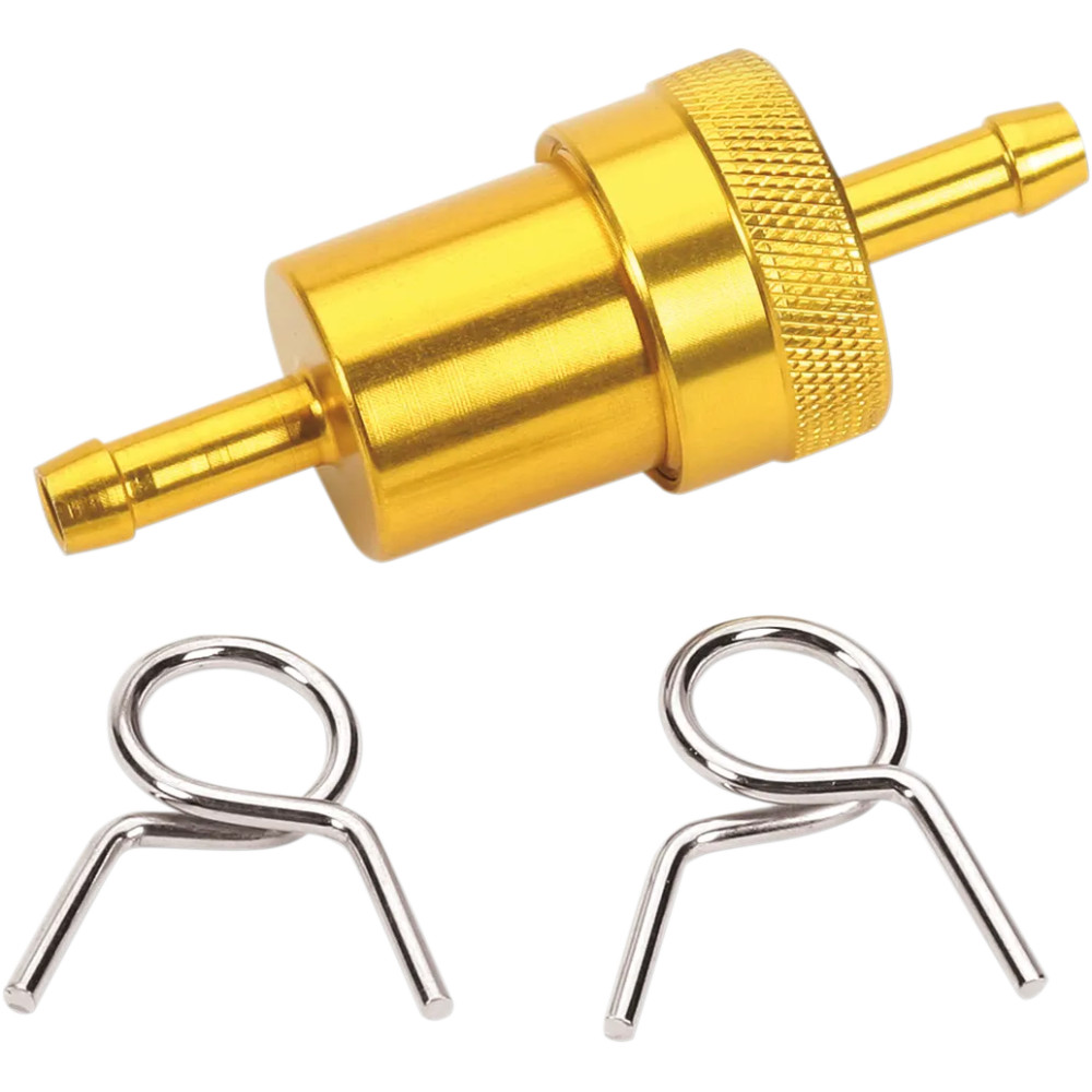Anodized Aluminum Fuel Filter — 64 mm body, 6.4 mm (1/4") fuel line, gold anodized