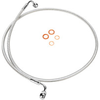 E-Z Align Braided Single Disc Front Brake Line — 50" length, 10 mm 90° lower banjo, 7/16" 90° upper banjo, without ABS