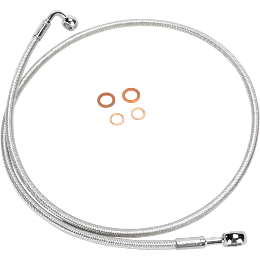E-Z Align Braided Single Disc Front Brake Line — 52" length, non-ABS, 10 mm 90° lower, 7/16" 180° upper