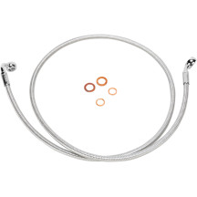 E-Z Align Braided Single Disc Front Brake Line — 137 cm (54"), non-ABS, lower 10 mm 90° banjo, upper 7/16" 35° banjo