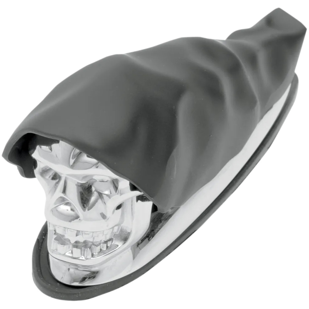 Shrouded Skull Fender Ornament — Black, chrome finish, front mount