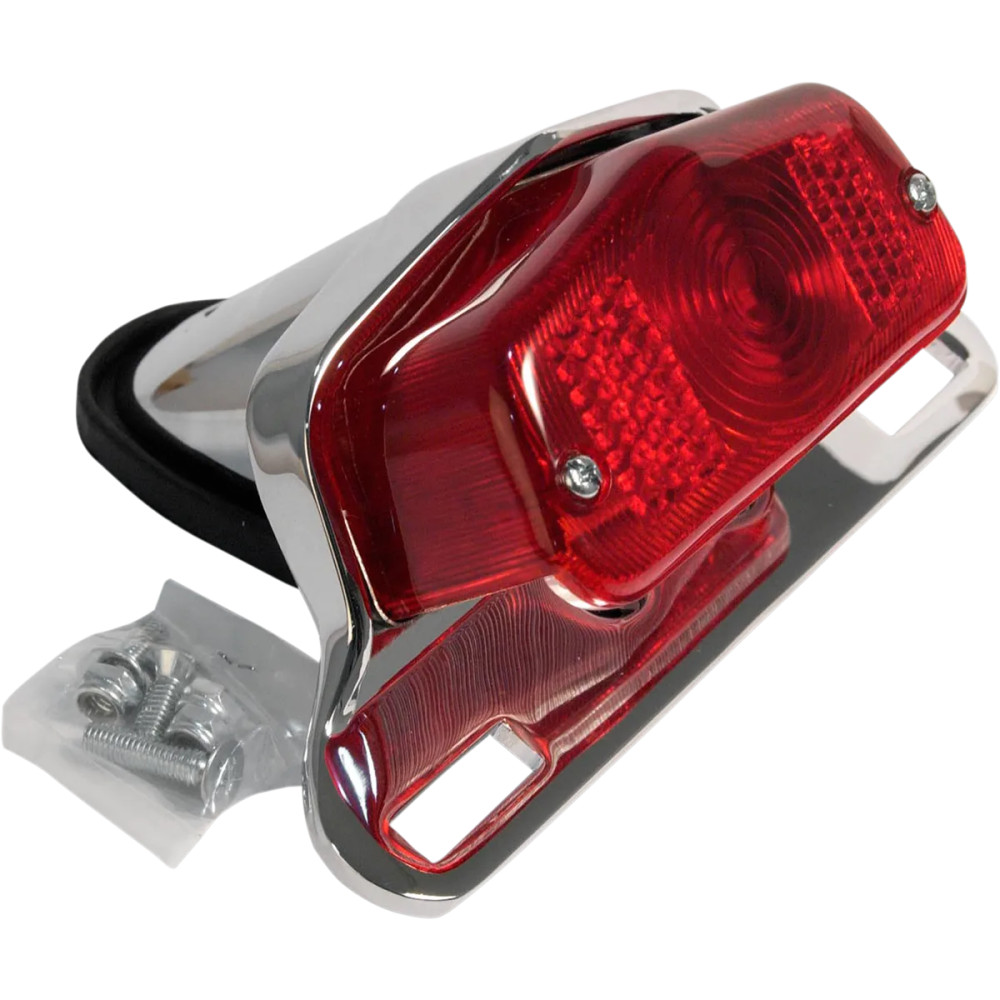 Lucas-Style Taillight with Chrome Bracket — 12V, Chrome housing, Red lens, Fairing mount