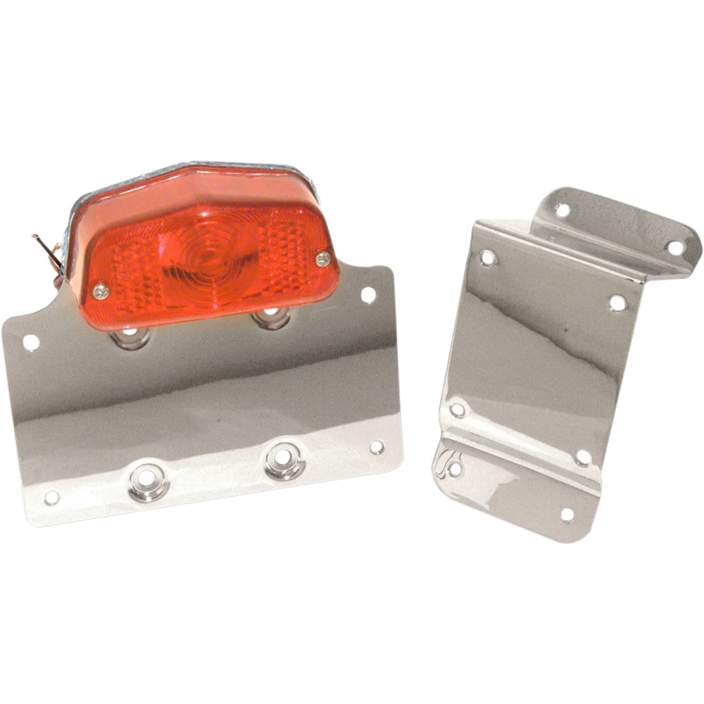 Lucas-Style Taillight with License Plate Bracket — 12V 23/3W, chrome housing, red lens