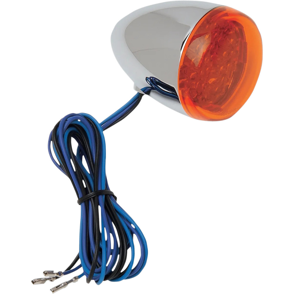 Custom Turn Signal — 12V, chrome housing, amber lens, hollow-bolt rear mount