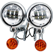Light Brackets with LED Auxiliary Lights and Turn Signals — 114 mm (4.5"), amber/clear lenses, chrome trim